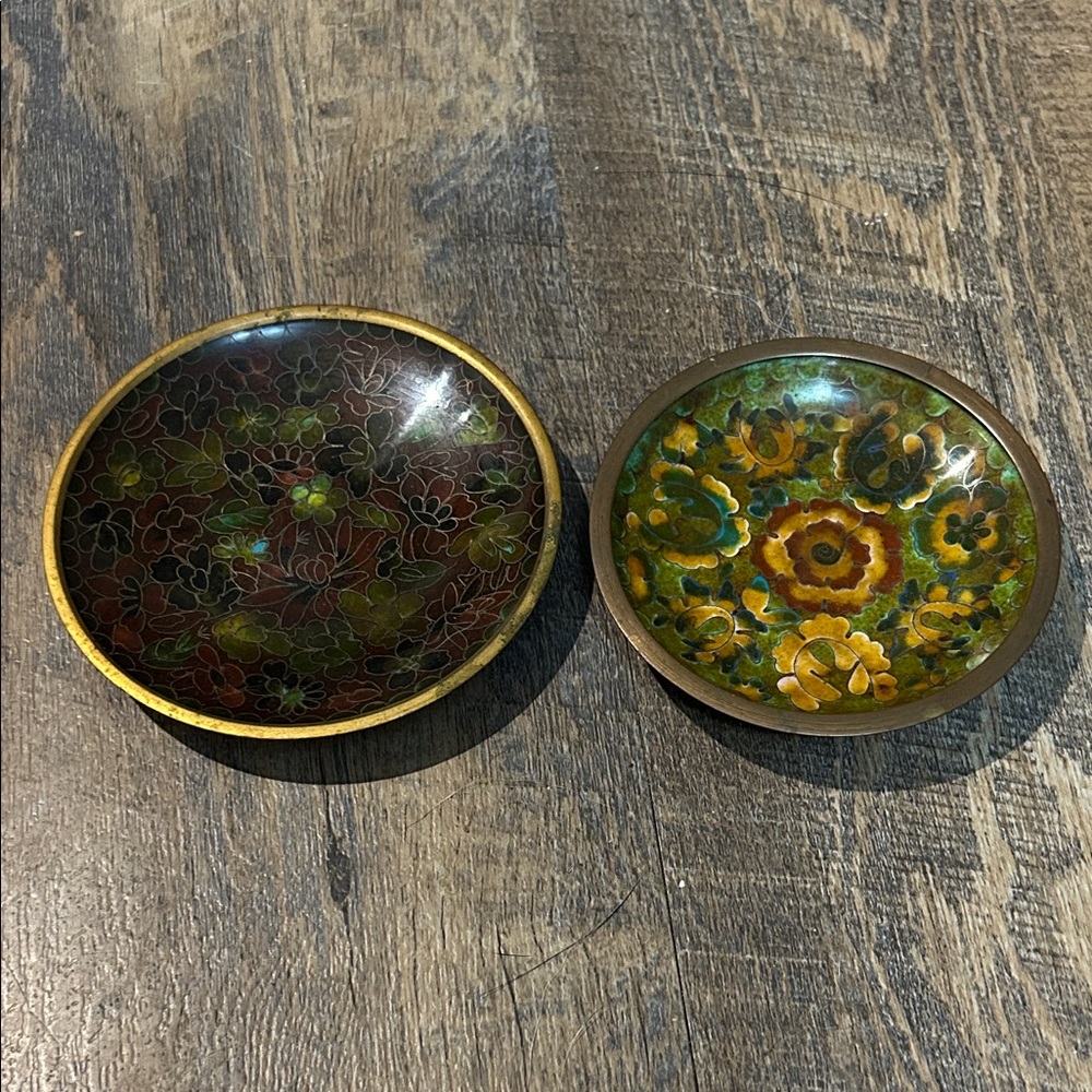 2 Chinese brass cloisonné‎ plate in green, blue & brown floral pattern 4 inches